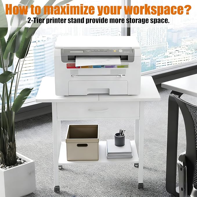 Large 22" x 15" Under Desk Printer Stand, 2-Tier Shelf Printer Table with Stronge Fabric Drawer and Wheels,Rolling Cart for Home Office Fits 3D Printer Scanner (White)