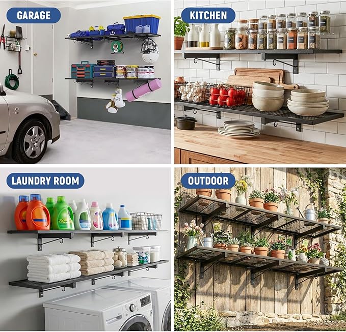 Garage Wall Shelf, Heavy Duty Garage Shelving, 46"X 12.5" Wall Mounted Shelves, Metal Floating Storage Rack with 4 Hooks, Utility Organizer Max Load 160 LBS for Laundry Room, Basement, Workshop