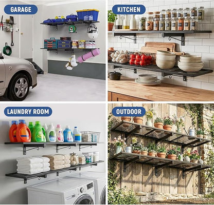 Garage Wall Shelf, Heavy Duty Garage Shelving, 46"X 12.5" Wall Mounted Shelves, Metal Floating Storage Rack with 4 Hooks, Utility Organizer Max Load 160 LBS for Laundry Room, Basement, Workshop