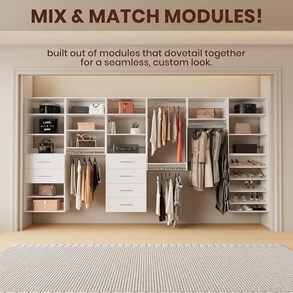 ROOMTEC Modular Closet System, 46" Wall-Mounted Closet Organizer with Hanging Rods, Wooden Tower for Walk-In Closets, Wardrobe Storage Kit, White