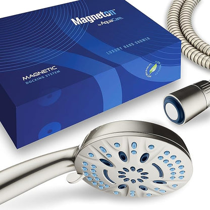 AquaCare Magneton High-Pressure 8-mode Handheld Shower Head with Magnetic Guidance Docking System - 2 Magnetic Brackets, 5 inch Face, Hygienic Jets, 6 ft. Stainless Steel Hose - All Nickel Finish