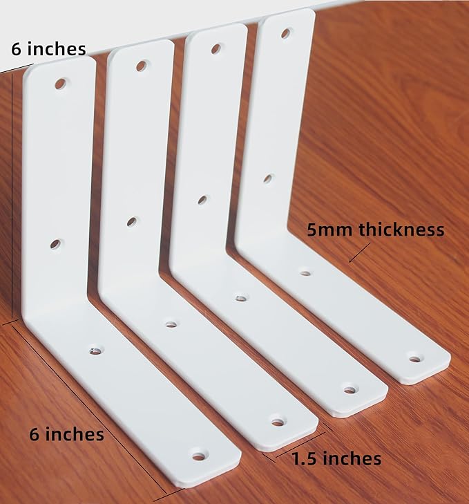 12 Pack - L 6" x H 6" x W1.5, 5mm Thick White L Shelf Bracket, Iron Shelf Brackets, Metal Shelf Brackets, Floating Shelf, Shelf Supports with Screws