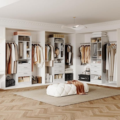 COTUBLR Closet System, 48" W - 105” W Closet Organizer with 24” Tower and 2 Extendable Hanging Rods, Walk-in Wardrobe Garment Rack with 2 Wooden Drawers and 6 Shelves, Fit up to 600 LBS (White Oak)