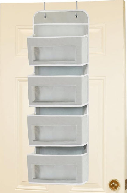 Simple Houseware 4 Clear Window Pocket Over Closet Door Storage Hanging Organizer for Bedroom, Bathroom, Pantry, Gray