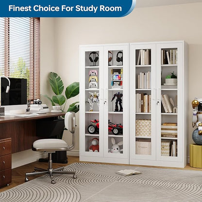 Display Cabinet with Glass Doors, 71 Inches Metal Display Case with 4 Adjustable Shelves, Curio Storage Cabinet with Lock for Home, Office, Book, Pantry, Assemble Required (White)