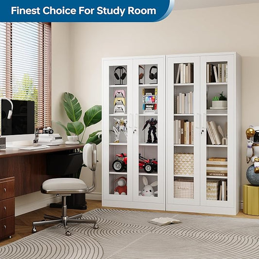 Display Cabinet with Glass Doors, 71 Inches Metal Display Case with 4 Adjustable Shelves, Curio Storage Cabinet with Lock for Home, Office, Book, Pantry, Assemble Required (White)