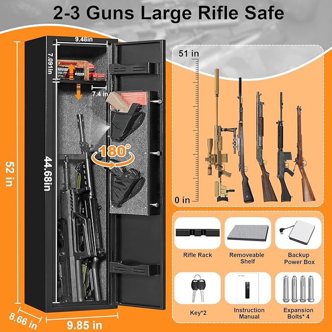 3 Gun Safe, Gun Safe for Rifles and Pistols with 180° Full Access Door and Removable Shelf, No Assembly Dual Alarm System Gun Cabinet with Mute Mode, Quick Access Long Shotgun Safe with LED