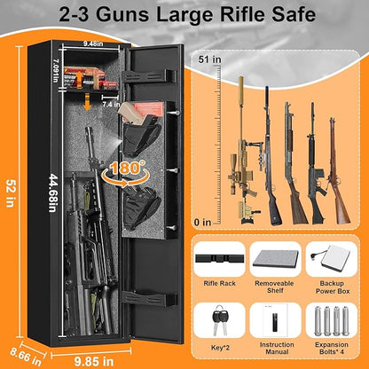 3 Gun Safe, Gun Safe for Rifles and Pistols with 180° Full Access Door and Removable Shelf, No Assembly Dual Alarm System Gun Cabinet with Mute Mode, Quick Access Long Shotgun Safe with LED