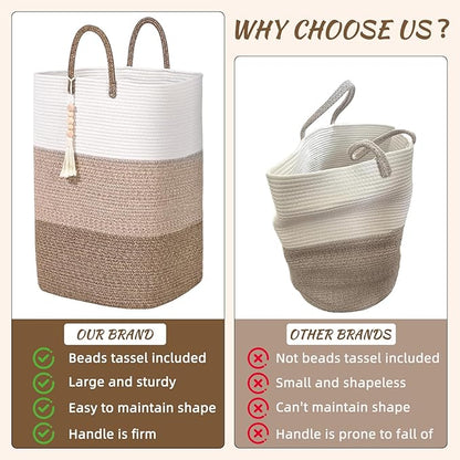 Woven Laundry Basket for Clothes,65 L Large Rectangle Laundry Hampers with Beads Tassel, Nursery Storage Basket for Toys, Tall Dirty Clothes Hamper for Bedroom Aesthetic, Laundry Room Organization