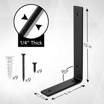 Heavy-Duty Shelf Brackets - Premium Construction Grade 1/4" (6mm) Thick Steel - Matte Black Iron Finish for Modern Farmhouse Rustic Open Shelving w/ Hardware, 4-Pack (L Bracket 10" x 6")