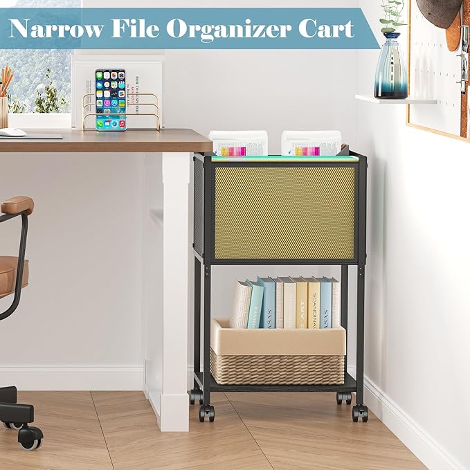 Letter/Legal Rolling File Cart, Narrow Mobile File Cabinet with Wheels Hanging Files, Metal Hanging File Folder Cart File Organizer Under Desk Storage for Home Office, Black