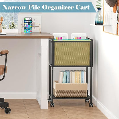 Letter/Legal Rolling File Cart, Narrow Mobile File Cabinet with Wheels Hanging Files, Metal Hanging File Folder Cart File Organizer Under Desk Storage for Home Office, Black