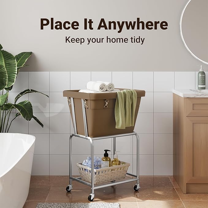ELYKEN Rolling Laundry Hamper with Wheels, Laundry Cart with Removable Bag, Heavy Duty Metal Frame, 2-Tier Clothes Basket Hamper with Shelf for Closet, Bedroom, Bathroom, Laundry Room, Camel Brown