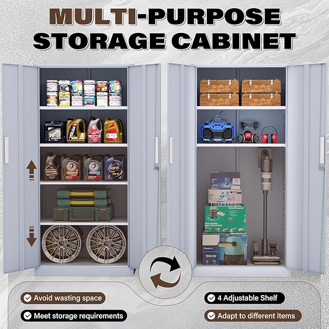 72” Metal Storage Cabinet, Lockable File Cabinets with 2 Doors and 4 Adjustable Shelves, Steel Tool Cabinets with Lock for Office, Home, Gym, Cement Grey-Small