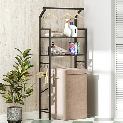 2-Tier Over The Toilet Storage, Multifunctional Vertical Over Toilet Bathroom Organizer, Freestanding Bathroom Storage Shelves with Hooks, Bathroom Organizer, Rustic Brown and Black TR01BB