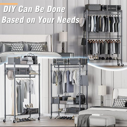Homdox Rolling Clothes Rack Heavy Duty, 3-Tier Adjustable Wire Shelving Garment Organizer with Double Rods & Hooks, Portable Clothes Rack with Wheels, 17.72" D x 47.24" W x 80.71" H, Grey
