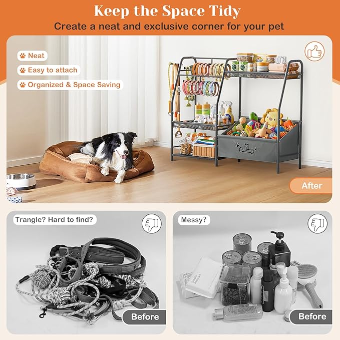 Large Dog Toy Basket with Dog Storage Organizer, Trapezoid Toy Bin Box with Collar Leash Holder Hook, Dogs Toy Holder Chest Pet Storage Cabinet for Living Room Dogs Essentials
