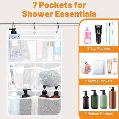 2 Pack Mesh Shower Hanging Caddy, 7 Pockets Hanging Shower Organizer with Metal Loop, Portable Bathroom Bag for Shampoo, Body Wash, Soap, and Cruise Ship Essentials
