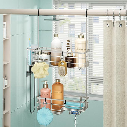 HapiRm Hanging Shower Caddy Organizer - No Drilling Shower Shelves with Hooks and Toothbrush Holder, Rustproof 304 Stainless Steel Bathroom Organizer - Brushed Nickel
