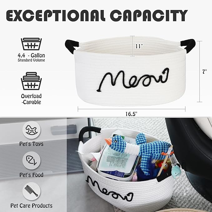 Sea Team Cat Toy Storage Basket with Handles, 16.5 x 11 x 7 Inches, 4.4 Gallons Large Cotton Rope Storage Bin, Shelf Basket, Organizer for Pet Chew Toys, Foods, White Meow