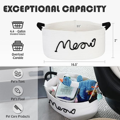 Sea Team Cat Toy Storage Basket with Handles, 16.5 x 11 x 7 Inches, 4.4 Gallons Large Cotton Rope Storage Bin, Shelf Basket, Organizer for Pet Chew Toys, Foods, White Meow