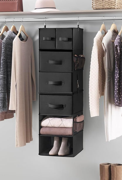 Whitmor Multi-Functional Hanging Organizer with Drawer Inserts- 5 Section - Closet Organizer - Black