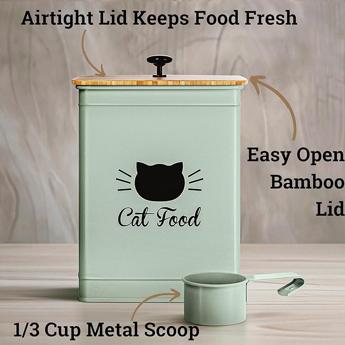 Cat Food Storage Container with Scoop - 5-7lb (25 Cup) Capacity Metal Cat Kibble Canister with Airtight Bamboo Lid and Metal Scoop - Airtight Pet Food Storage Containers 5 lb - 7 lb Kibble Container