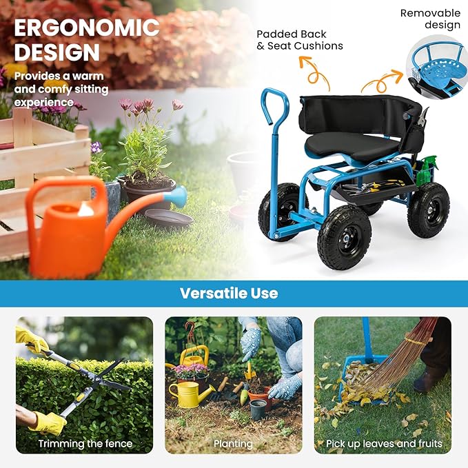 Giantex Rolling Garden Cart, 360 Swivel Workseat with 4 Wheels, Removal Cushion & Tool Tray, Storage Basket, Gardening Wagon Scooter with Adjustable Height, Handle (Blue)