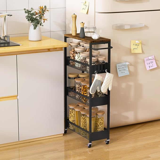 Slim Rolling Utility Cart, 4 Tier Metal Narrow Storage Cart with Handle and Wood Top, Multifunctional Small Mobile Shelf Unit Organizer Trolley for Laundry, Bathroom, Kitchen
