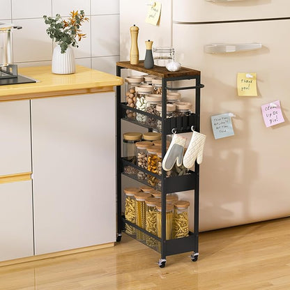 Slim Rolling Utility Cart, 4 Tier Metal Narrow Storage Cart with Handle and Wood Top, Multifunctional Small Mobile Shelf Unit Organizer Trolley for Laundry, Bathroom, Kitchen