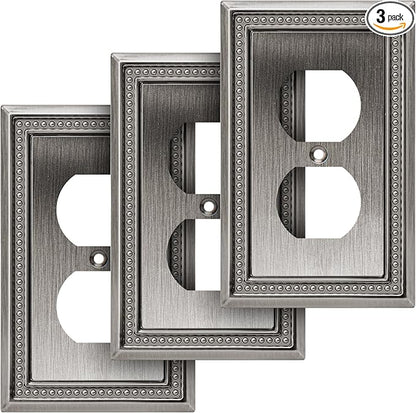 Henne Bery Sunken Pearls Heavy Duty Decorative Wall Plate Switch Plate Outlet Cover (Single Duplex, 3 Pack, Heirloom Silver)