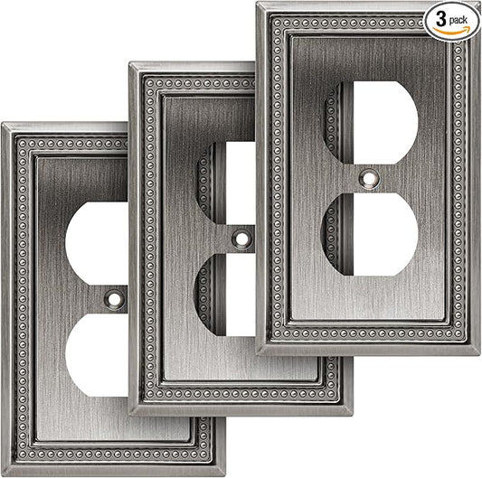 Henne Bery Sunken Pearls Heavy Duty Decorative Wall Plate Switch Plate Outlet Cover (Single Duplex, 3 Pack, Heirloom Silver)