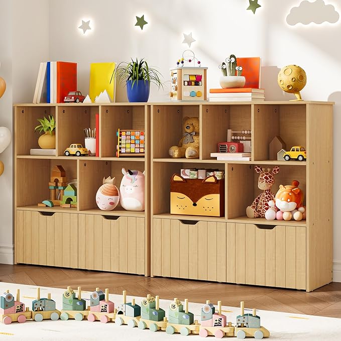 HOOBRO Toy Storage Organizer, Toy Organizers and Storage with 2 Movable Drawers and 5 Cubbies, Kids Bookshelf and Toy Storage for Books or Dolls, Toy Shelf for Playroom, Natural NL88CW01