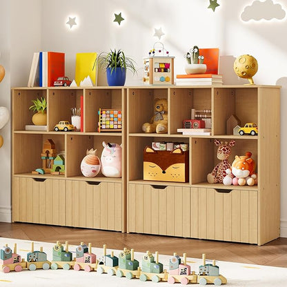 HOOBRO Toy Storage Organizer, Toy Organizers and Storage with 2 Movable Drawers and 5 Cubbies, Kids Bookshelf and Toy Storage for Books or Dolls, Toy Shelf for Playroom, Natural NL88CW01