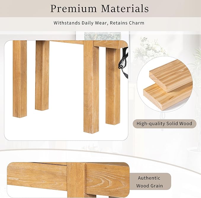Rustic Minimalist Solid Wood Console Table with Hidden Drawer & Side Power Outlet – Entryway, Living Room, Home Office Furniture with 80mm Thick Legs & Spliced Tabletop Design (Natural)
