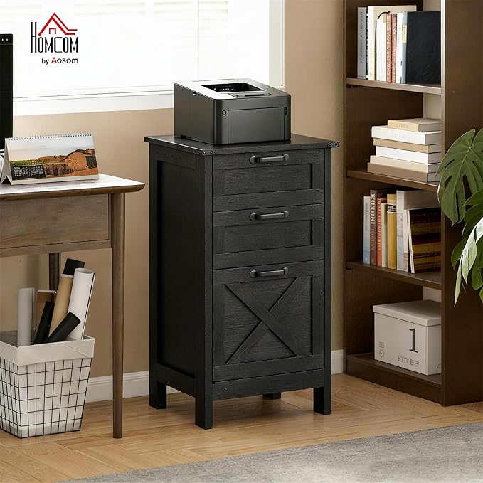 HOMCOM 3 Drawer File Cabinet with Silent Slides, Vertical Filing Cabinet for Hanging A4/Letter Size, Rustic Farmhouse Printer Stand with Storage for Home Office, Distressed Black