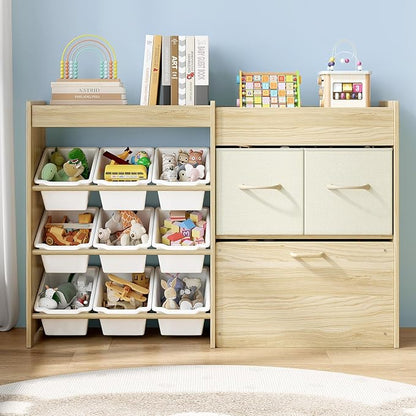 Toy Storage Organizer for Kids, 9-Bin Toy Organizer with 2-Drawers, Movable Toy Chest and Top Rack, Multifunctional Kids Bookshelf and Toy Storage for Playroom, Bedroom, Nursery, White