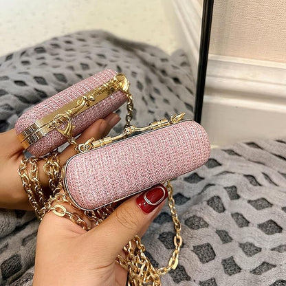 MIAO JIN Mini Crystal Lipstick Case Bling Rhinestone Cosmetic Storage bag with Metal chain Lipstick Storage Holder Makeup jewelry case（Pink）
