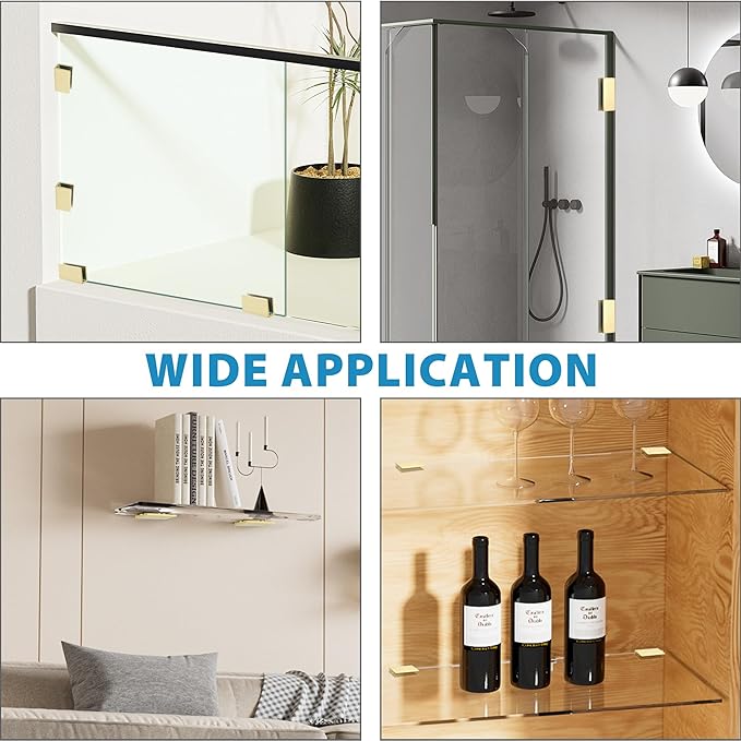 Alise Glass Shelf Brackets 2Pcs, Adjustable Shower Glass Clamps, Heavy Duty Clamp Holder, SUS304 Stainless Steel Brackets for 8-12mm Shower Shelf Bracket and Wall-to-Panel Connection, Gold Finish