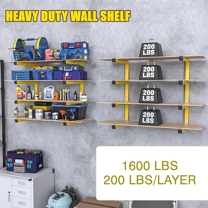 4-Pack Lumber Storage Rack, Wood Storage Racks Wall Mount, Heavy Duty Garage Wood Organizer with 8-Level System, Yellow Utility Rack Organization Up 1600 Lbs, Metal Lumber Shelf for Indoor & Outdoor