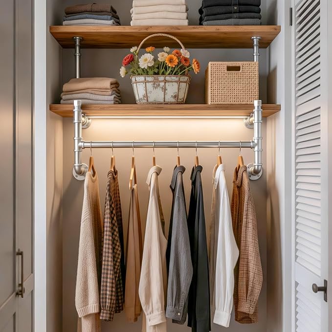 WEBI Wall Mounted Clothes Rack with Shelf,36" Industrial Pipe Clothing Rack with Shelf with Hanging Rod,Heavy Duty Iron Garment Rack Bar,Retail Display Clothes Rod for Laundry Room,Closet,Silver
