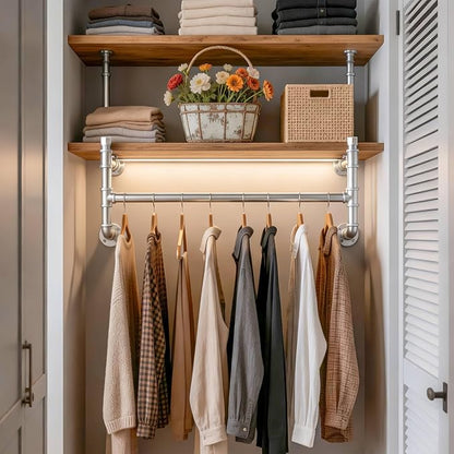 WEBI Wall Mounted Clothes Rack with Shelf,36" Industrial Pipe Clothing Rack with Shelf with Hanging Rod,Heavy Duty Iron Garment Rack Bar,Retail Display Clothes Rod for Laundry Room,Closet,Silver