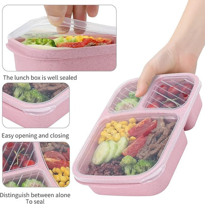 8 Pack Bento Lunch Box Set 3 Compartment Wheat Straw Meal Prep Food Storage Containers Plastic, Microwave and Dishwasher Safe(light colour)