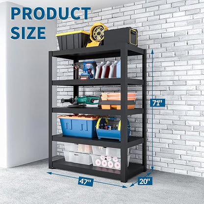 Shelving Units and Storage, 3000LBS Garage Storage Shelves, 5 Tier Shelving Unit, Steel Industrial Shelving, Adjustable Standing Shelf for Garage, Home, Warehouse 71" H x 47" W x 20" D, Black
