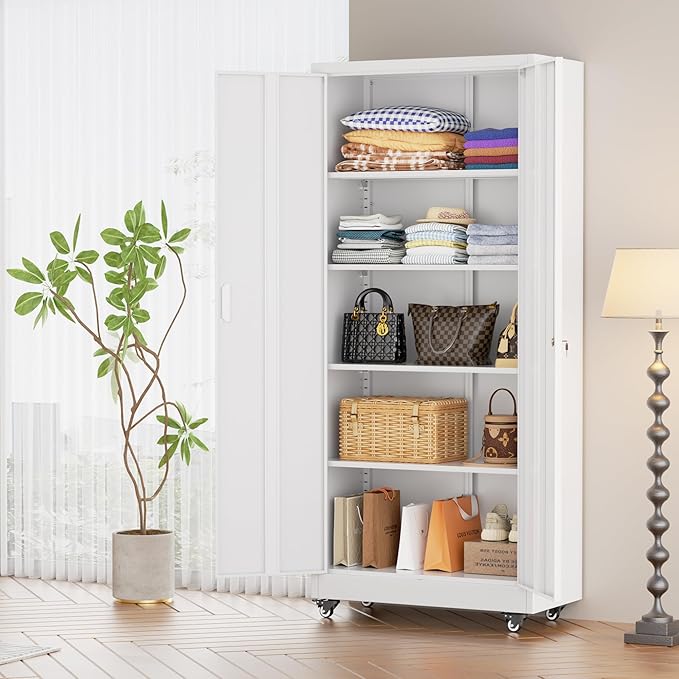 Bonusall 72" Metal Garage Storage Cabinet with Wheels, 2-Door Steel Locking Cabinet with 4 Adjustable Shelves, Heavy Duty Rolling Utility Cabinets for Warehouse, School - White
