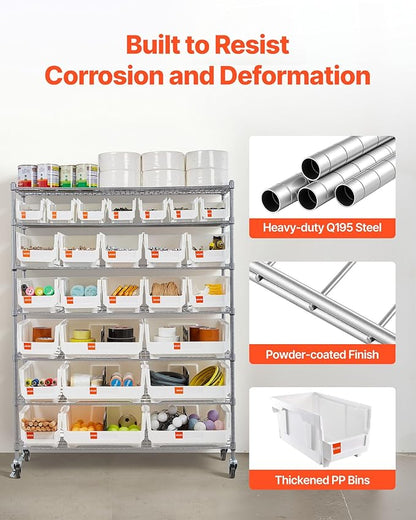 VEVOR 7-Tier Rolling Bin Storage Rack, 26 Organizer Bins, Bin Rack Storage Steel Wire Shelving System with Wheels, Mobile Tool Organizer for Garage, Warehouse, Office, Restaurant, Kitchen, Classroom