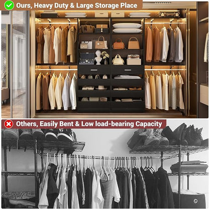 Aheaplus Closet System with 8 Wooden Drawers, Wood Closet Organizer System with Tower, Walk-in Closet Organizer Wardrobe Clothes Rack with 4 Hanging Rods, Garment Rack, Cut to Fit 7-12Ft, Black