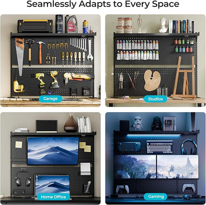 EUREKA ERGONOMIC Metal Pegboard, 43x34inch Clam on Desk Pegboard with Dual Monitor Stand, Garage Pegboard with 4 Accessories, Desk Shelves for Tool organizer, Office, Gaming Desk, Workbench, Black