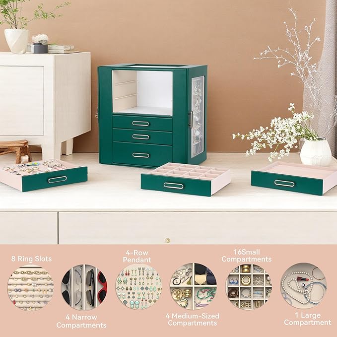 Jewelry Boxes for Women, 6 Layer Jewelry Organizer with Glass Lids, Jewelry Holder Organizer with 5 Drawers and 2 Glass Doors for Jewelry Storage, Big Jewelry Box for Womens Gift (Green)