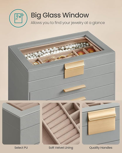 SONGMICS GISELLA Collection - Jewelry Box Organizer, 6-Layer Jewelry Storage with 5 Drawers, Shiny Metal Hardware, Glass Lid, Modern, 6.4 x 9.9 x 11.4 Inches, Dove Gray and Gold Color UJBC171G01